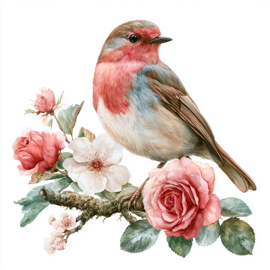 A watercolor-style illustration showing a small bird with red and gray feathers sitting on a branch with pink roses and green leaves on a white background