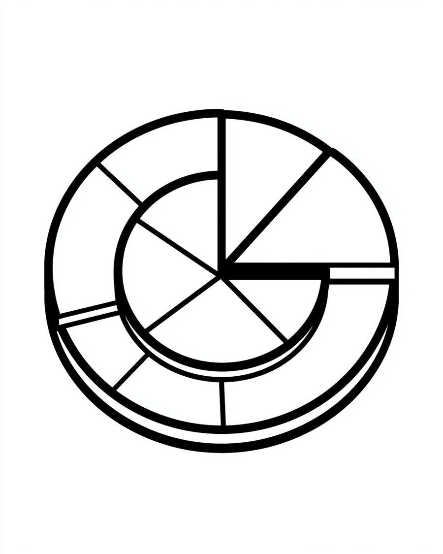 A black and white line drawing of a circular pie chart with two concentric rings divided into segments