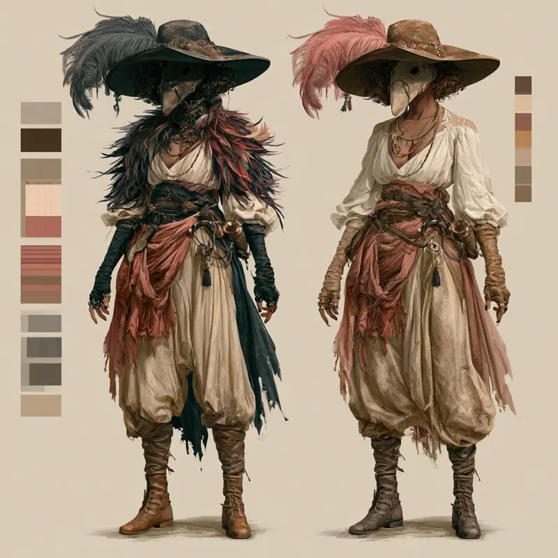 Detailed character designs of a person in a historical plague doctor outfit with color palettes