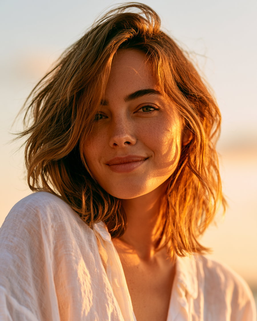 Close-up portrait of a young woman with shoulder-length light brown hair, wearing a white textured shirt, bathed in warm sunset light, smiling gently