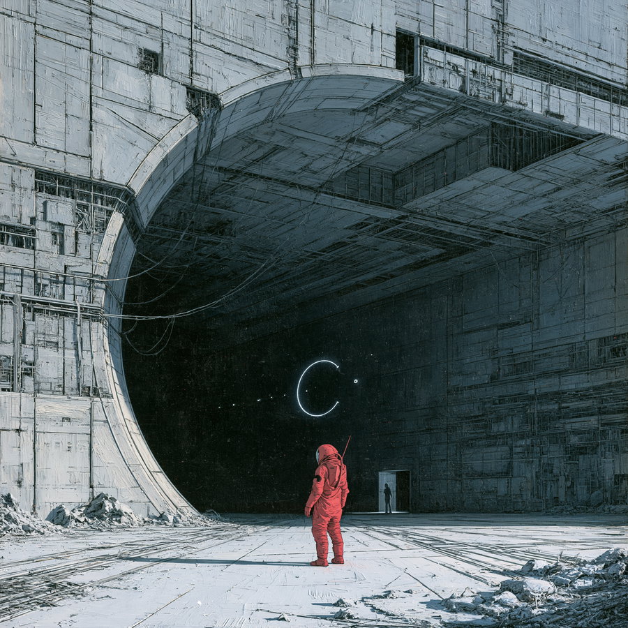 A lone astronaut in a red suit stands in front of a massive industrial sci-fi structure with an open dark entrance and a glowing crescent symbol suspended in mid-air
