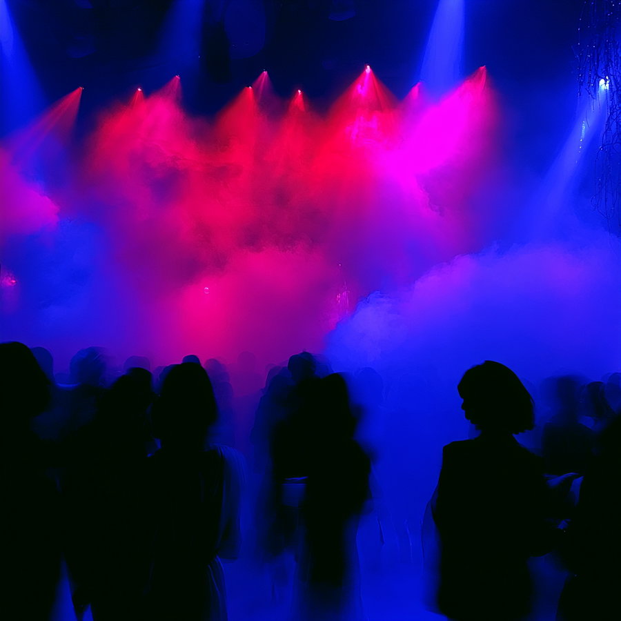 Crowd of people silhouetted in front of a stage illuminated by vibrant red and blue lights with dense smoke effects