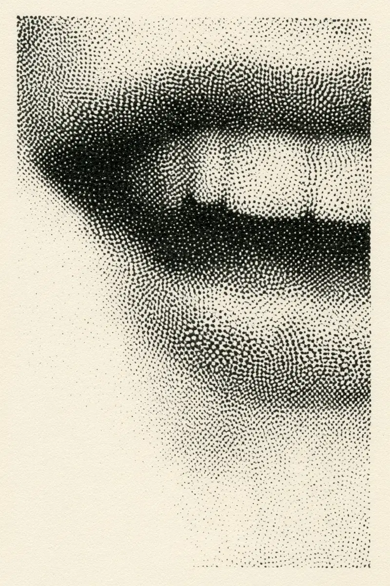 Close-up ink drawing of lips using pointillism technique