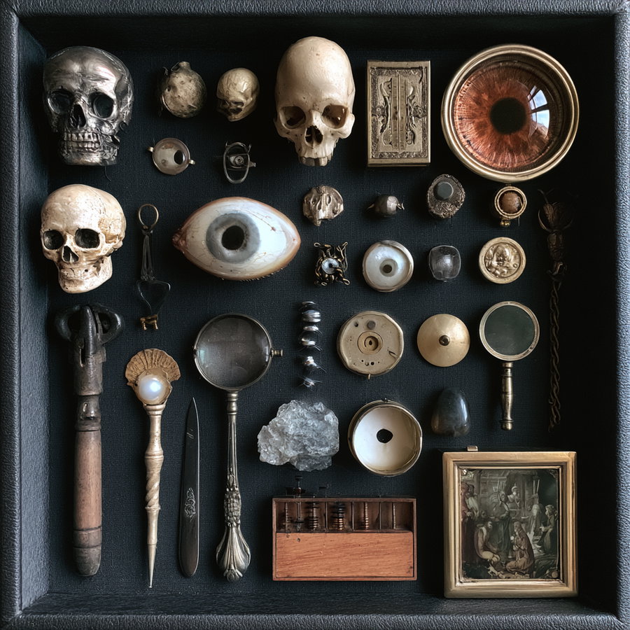 Antique skull replicas, old magnifying glasses, a large realistic eye model, small sculptures, a crystal rock, a vintage painting, and various old objects arranged neatly in a shadow box