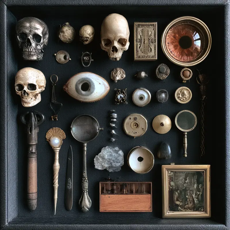 Collection of antique skulls, magnifying glasses, and various curiosities displayed in a shadow box