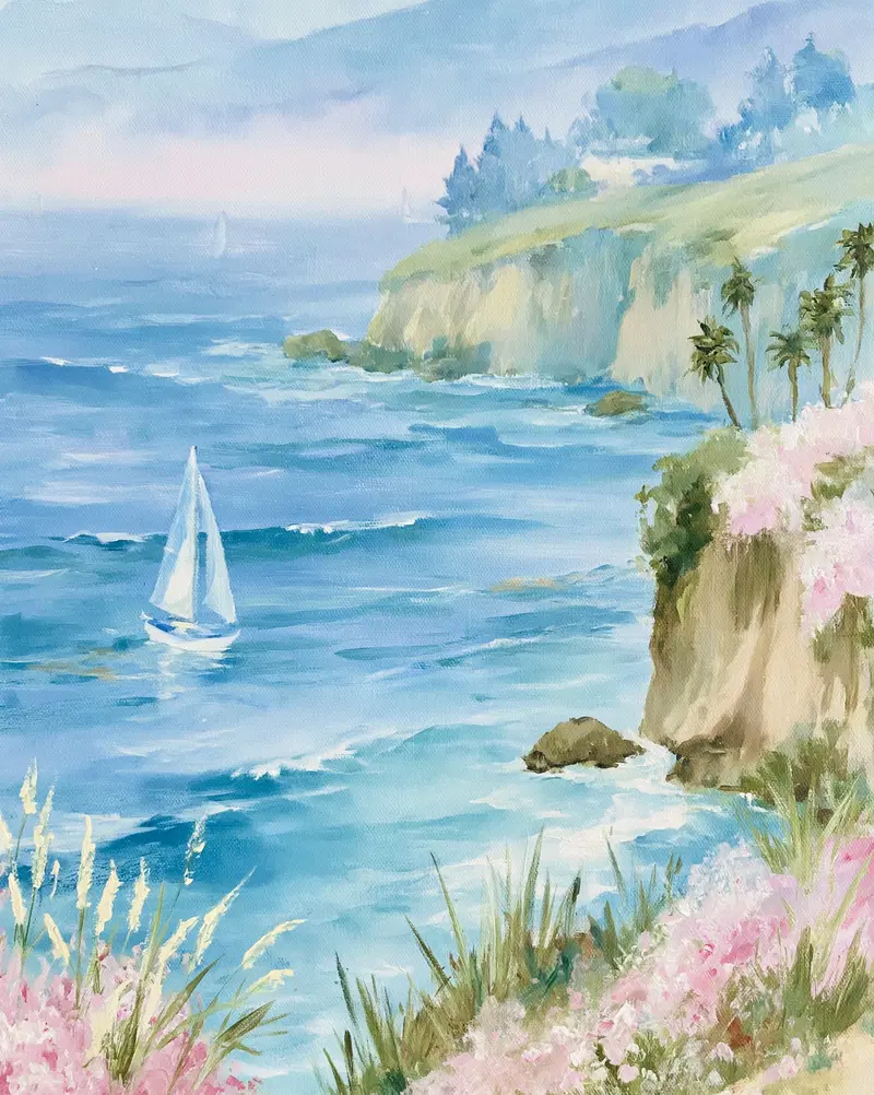 Serene Coastal Landscape with Sailboat Near Flower-Covered Cliffs