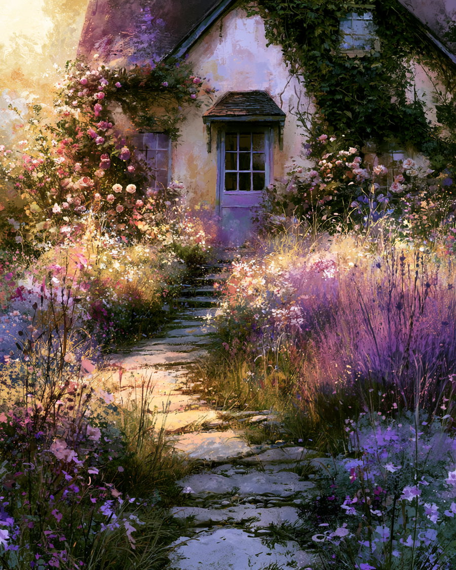 A stone path leading to a cottage door surrounded by abundant colorful flowers and greenery with warm sunlight illuminating the scene