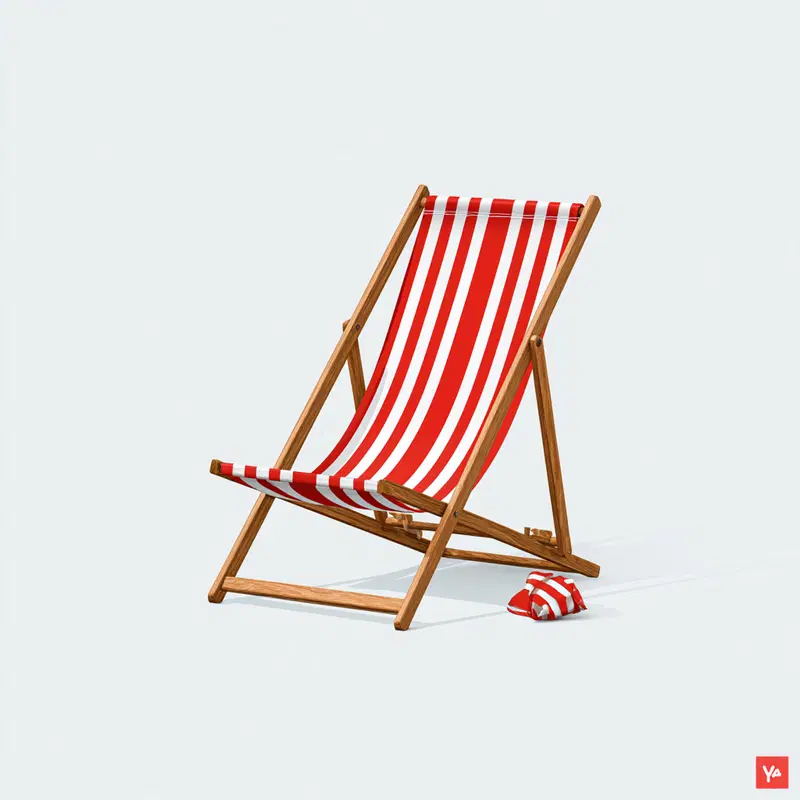 A wooden deck chair with red and white stripes alongside a matching striped cap