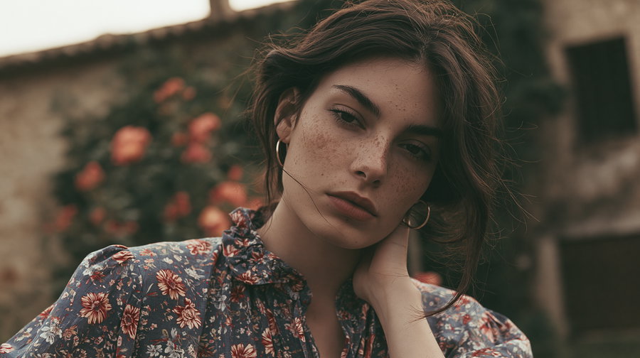 A young woman with dark hair and freckles, wearing hoop earrings and a blue floral blouse, looking softly at the camera with an outdoor background including flowers and a blurred building