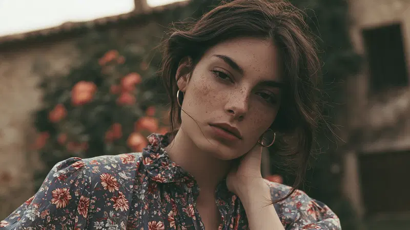 Close up portrait of a young woman with freckles and floral blouse