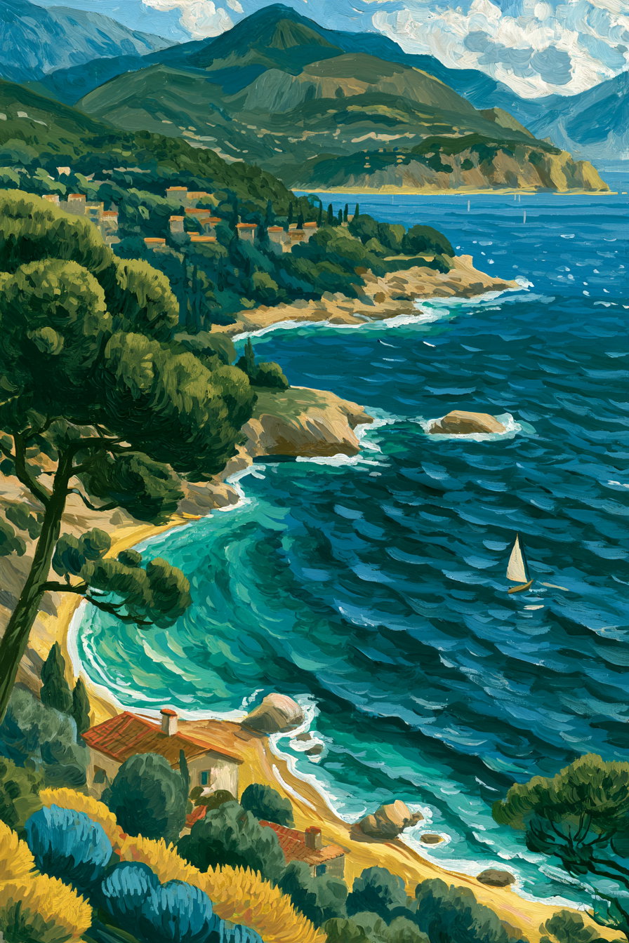 A colorful oil painting of a coastal landscape showing a turquoise sea, rocky shore, lush greenery, and a single sailboat on the water