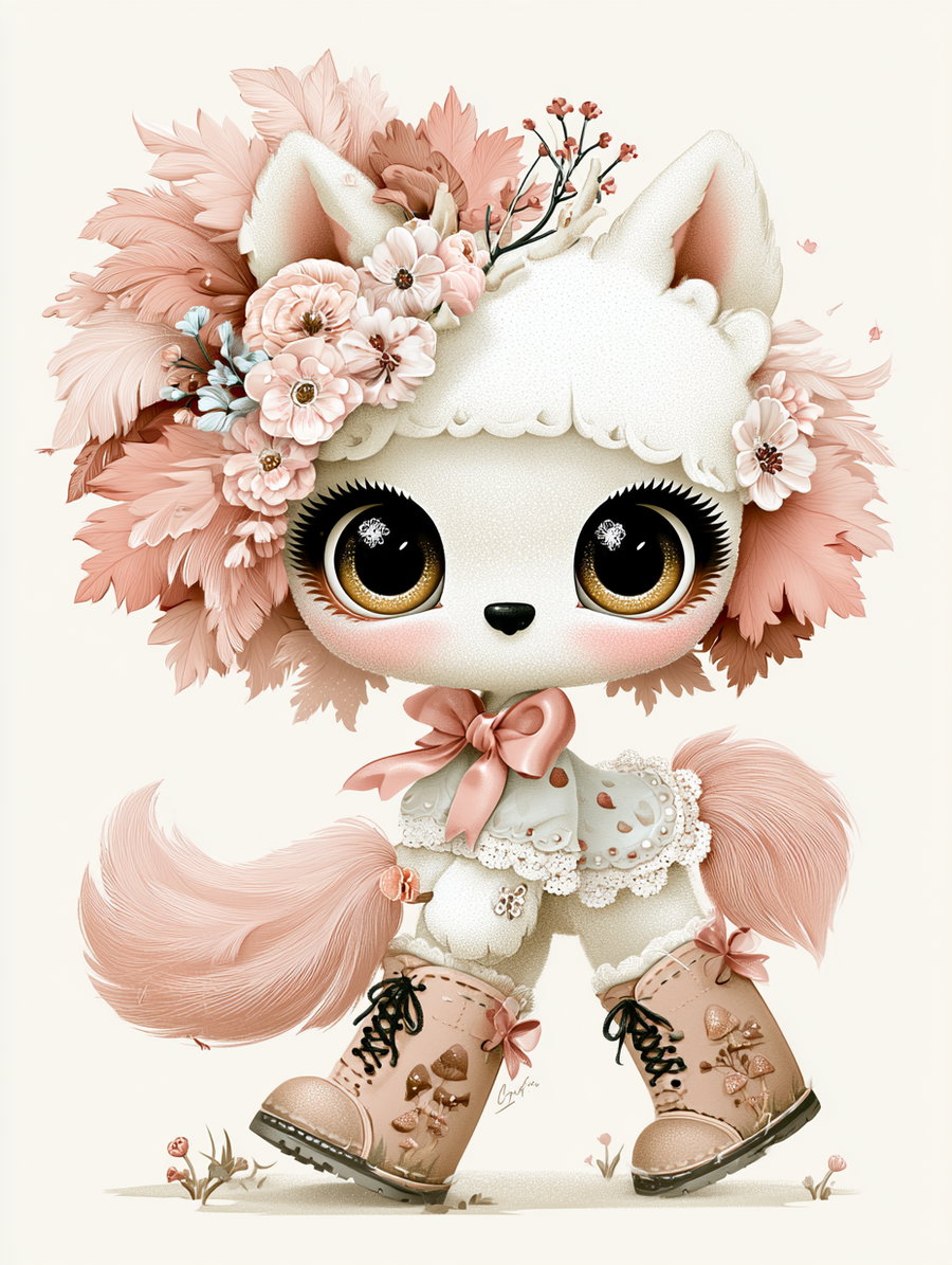 Illustration of a white fluffy animal character with large eyes, wearing a floral crown, a lace collar with a bow, and decorated boots, standing with a small tail visible.