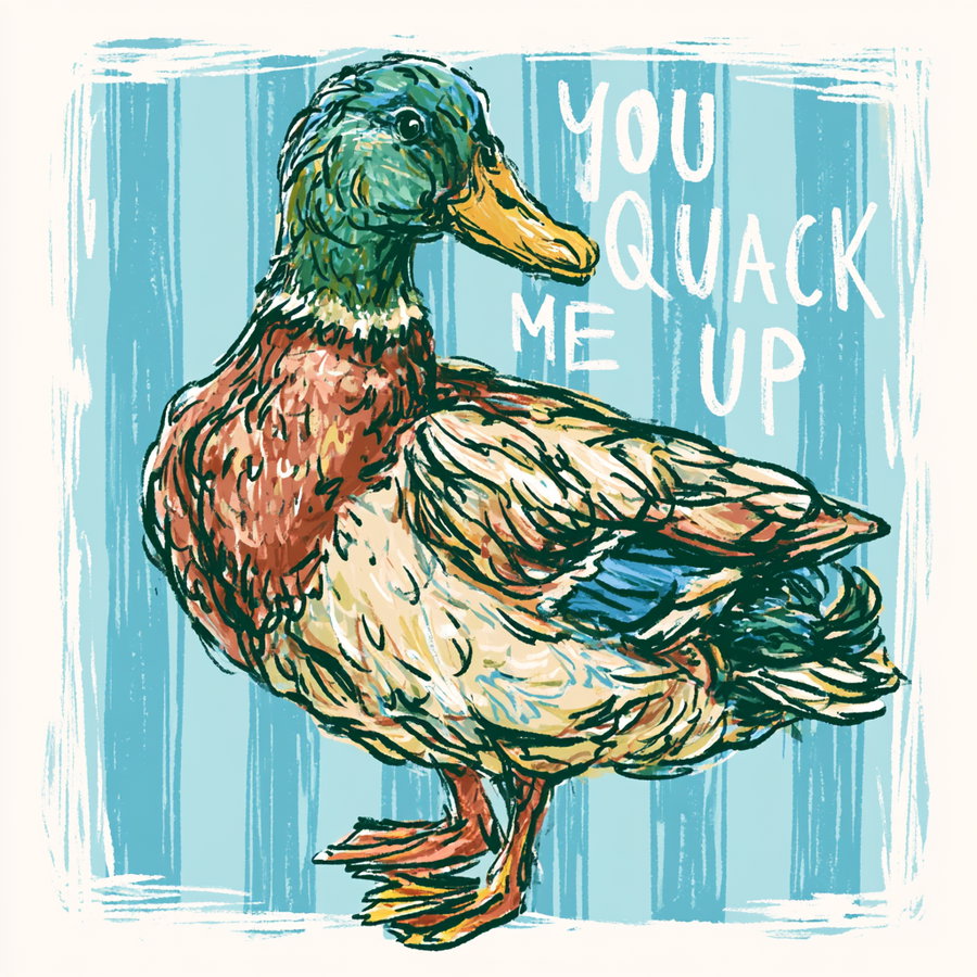 Illustration of a duck with mixed colors and brush strokes on a blue striped background with the text 'You quack me up'