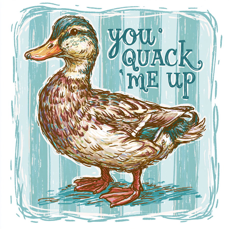 Hand-drawn style illustration of a duck standing with text reading You Quack Me Up on a blue vertical striped background