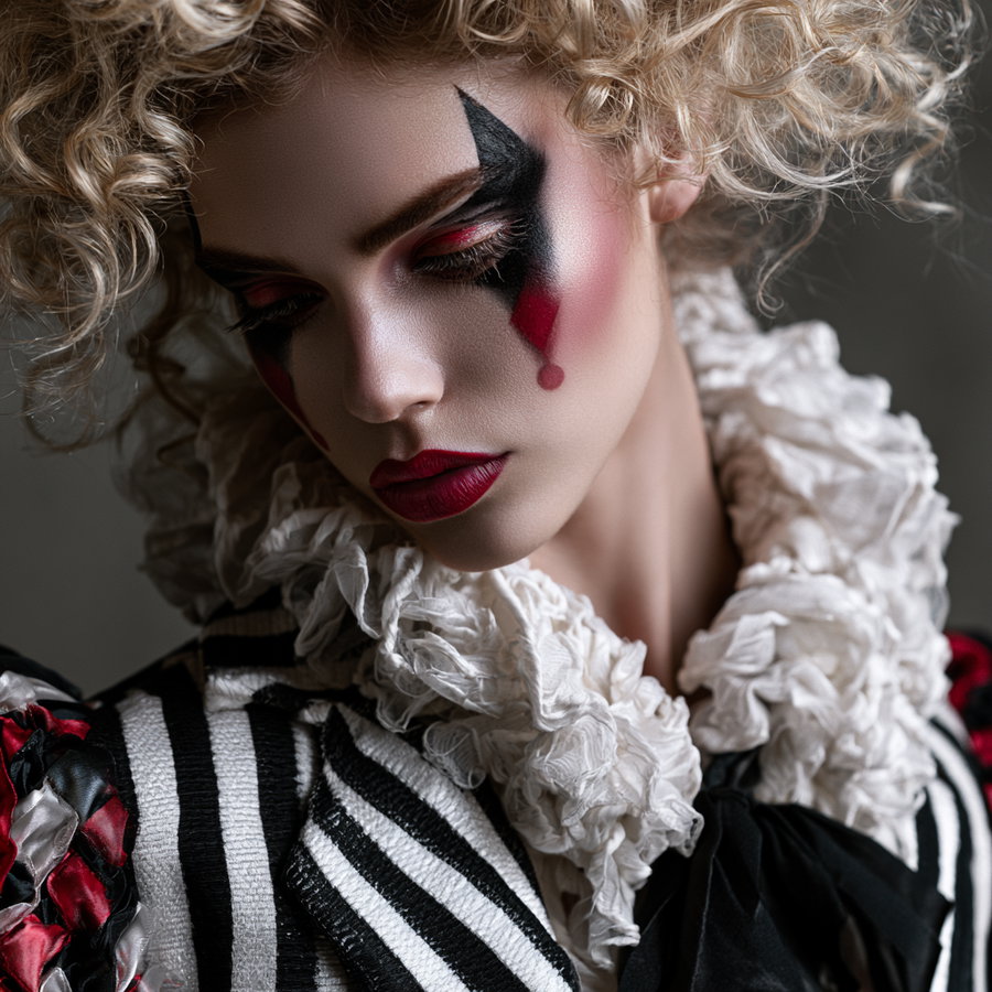 Close-up of a person with curly blonde hair wearing dramatic clown makeup with black and red designs, red lipstick, and a ruffled white Victorian-style collar on a black and white striped outfit.