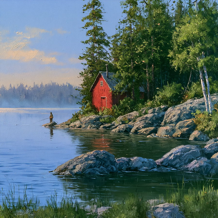 Oil painting depicting a red cabin by a rocky lakeside with a person fishing, surrounded by green trees and calm water under a blue sky