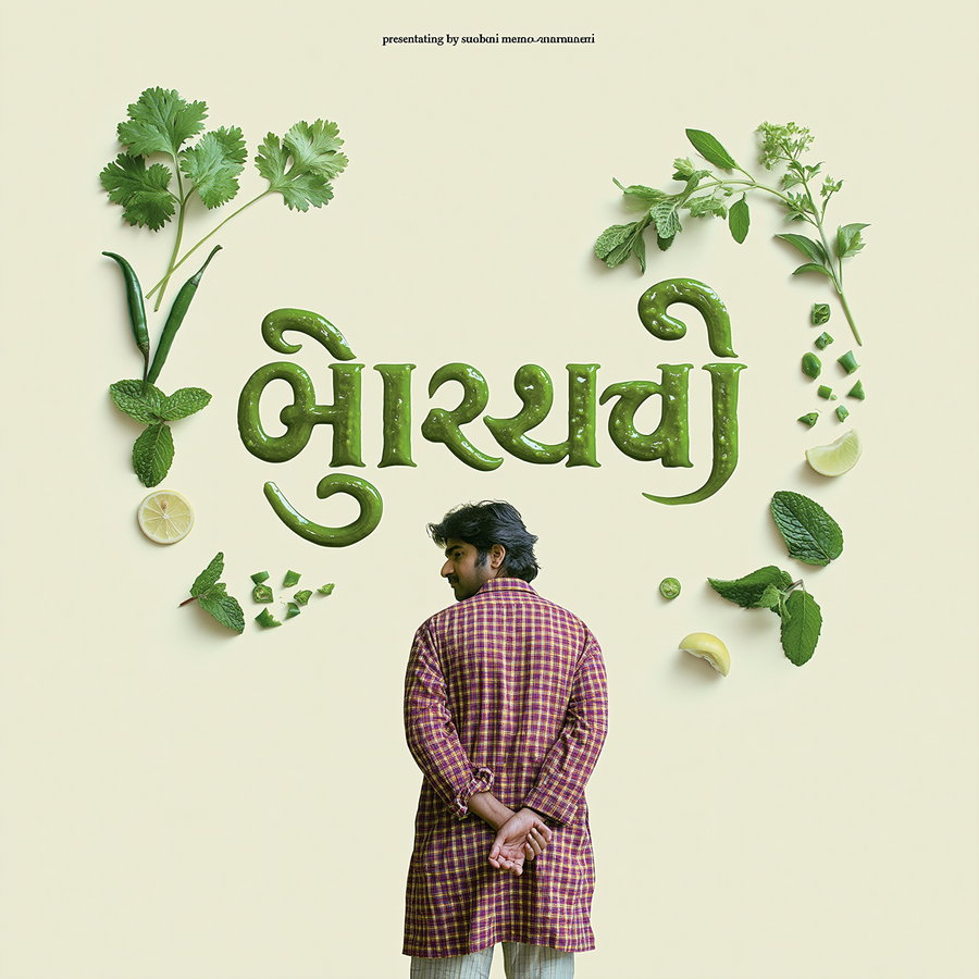 A man wearing a checked traditional garment stands with his back to the viewer, surrounded by fresh green herbs and a text in a green stylized font at the center