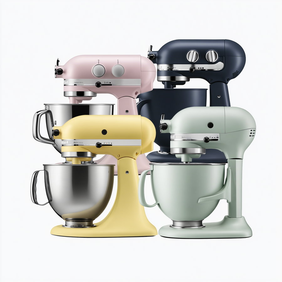 Four stand mixers in pastel colors including navy blue, pink, yellow, and mint green, each with a mixing bowl attached, shown against a white background