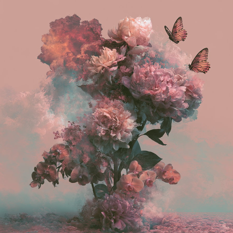 A digital artwork showing blooming pink and orange flowers with two butterflies fluttering near them, surrounded by a misty, cloud-like background in pastel hues
