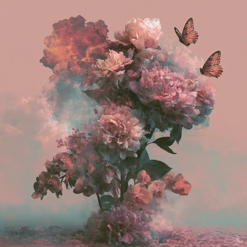 Surreal botanical illustration of blooming flowers with butterflies