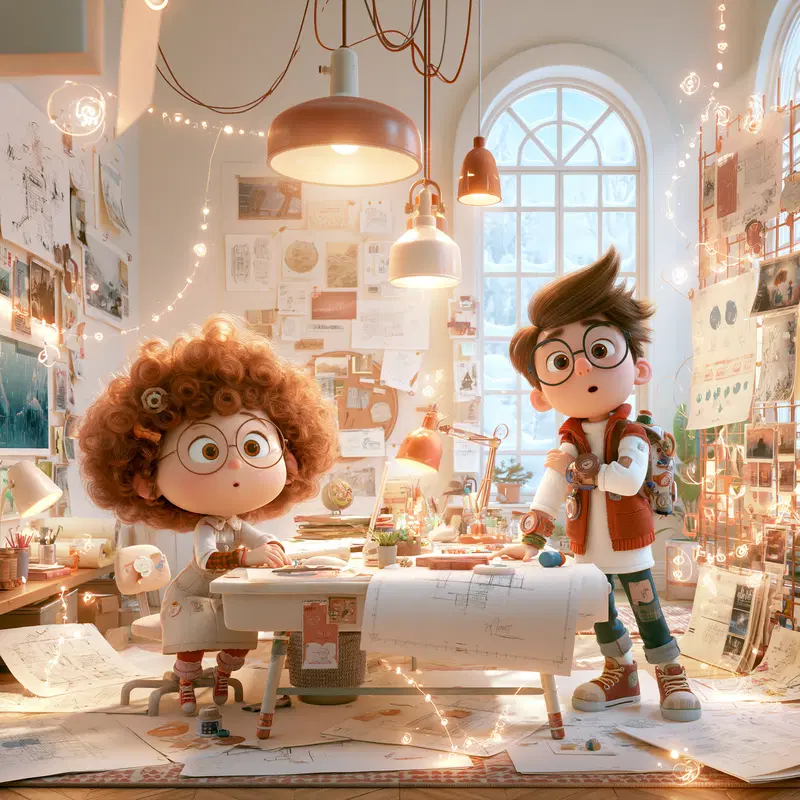Whimsical characters working on architectural drawings in a bright studio