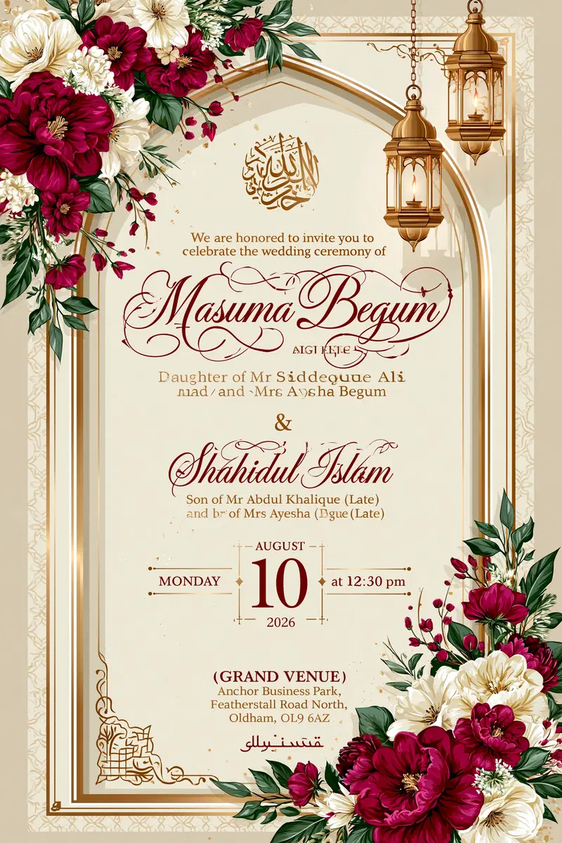 Elegant wedding invitation design with floral accents and lanterns