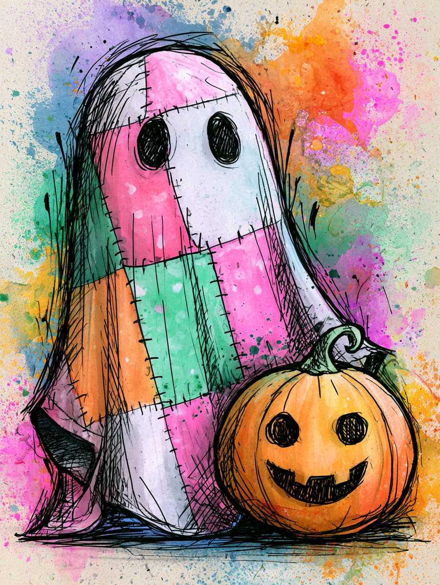 Artistic watercolor and ink drawing of a small ghost figure covered in a patchwork quilt with stitched patches in various colors, next to a smiling carved pumpkin, set against a vibrant multicolored splatter background