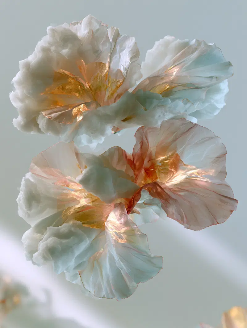 Delicate abstract floral forms with translucent and golden hues