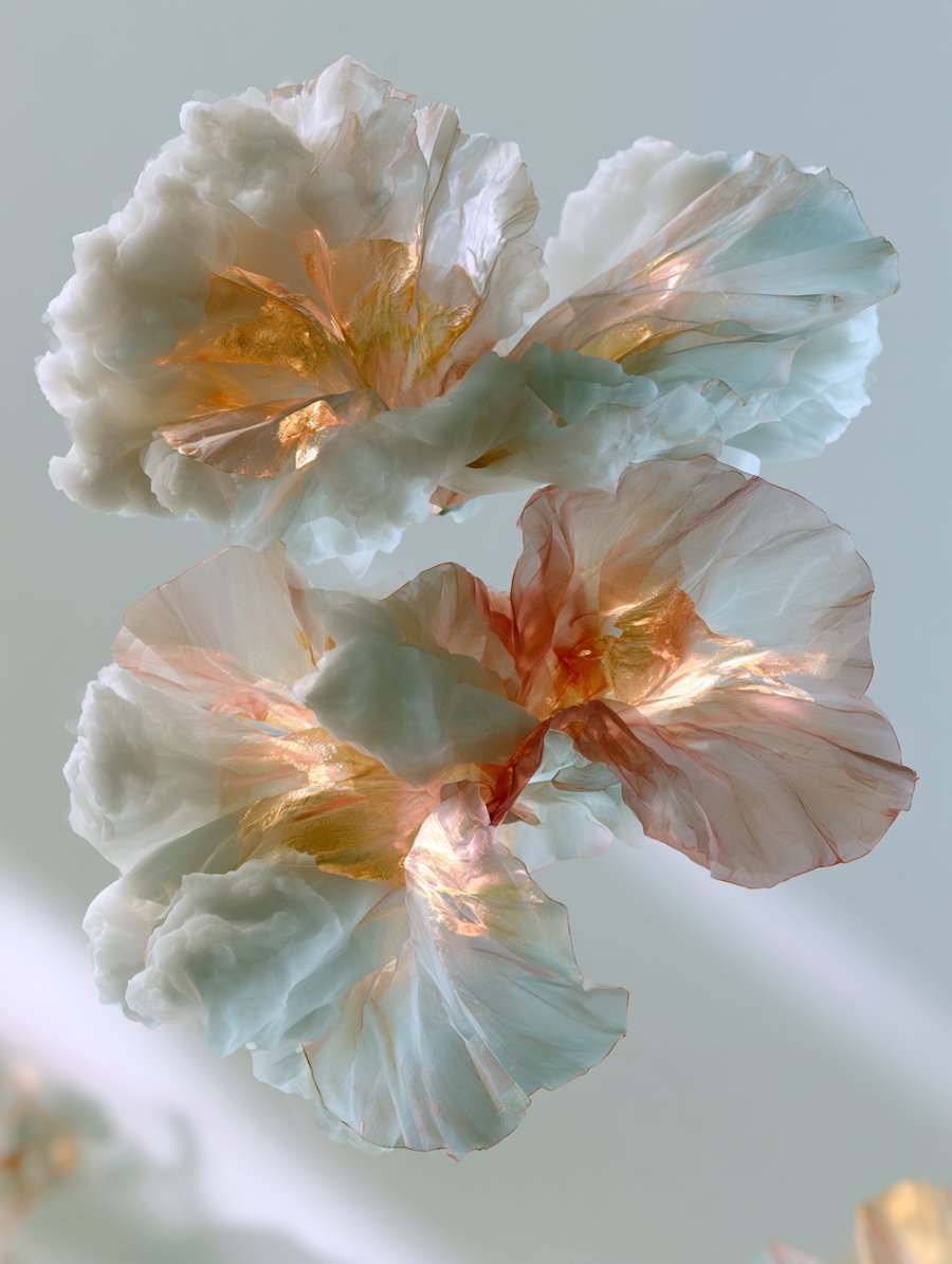 Two large abstract flower-like shapes with translucent, flowing petals in white and gold tones floating against a soft background