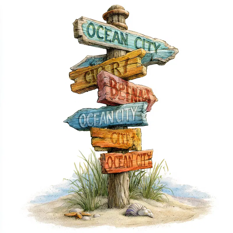 Watercolor painting of a rustic wooden signpost on a sandy beach