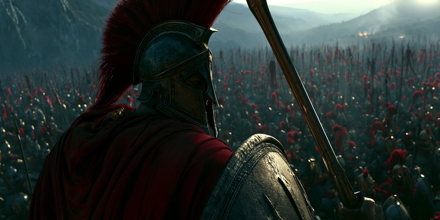 Close-up of a Greek warrior in bronze helmet with red plume, red cloak, holding a round shield and spear, facing a large army with many similarly armored soldiers in a misty mountain valley