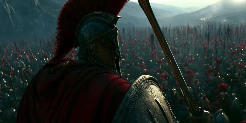 Detailed depiction of ancient Greek warrior in full armor leading a massive army