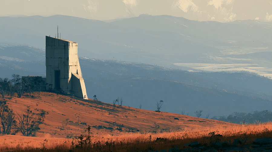 A tall, angular concrete building stands alone on a reddish grassy plateau with sparse vegetation, set against a backdrop of misty, layered blue-gray mountains under a muted sky.