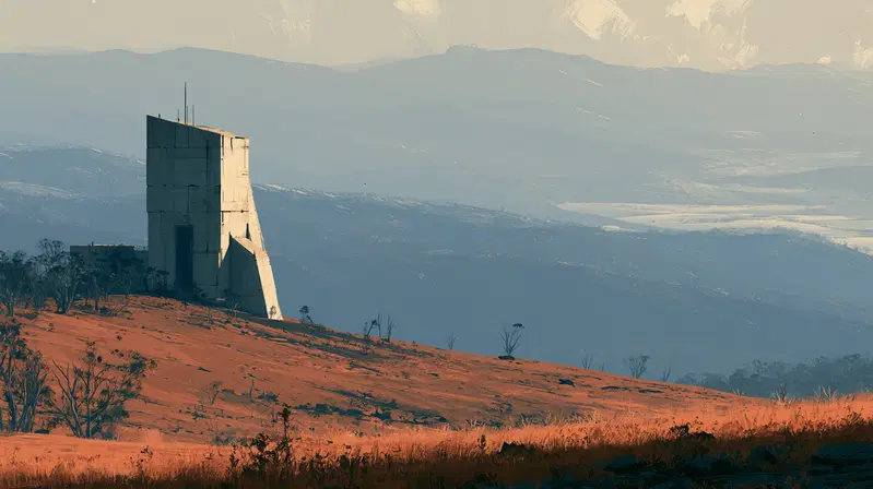 Solitary modern concrete structure on a red rocky plateau with layered mountain backdrop