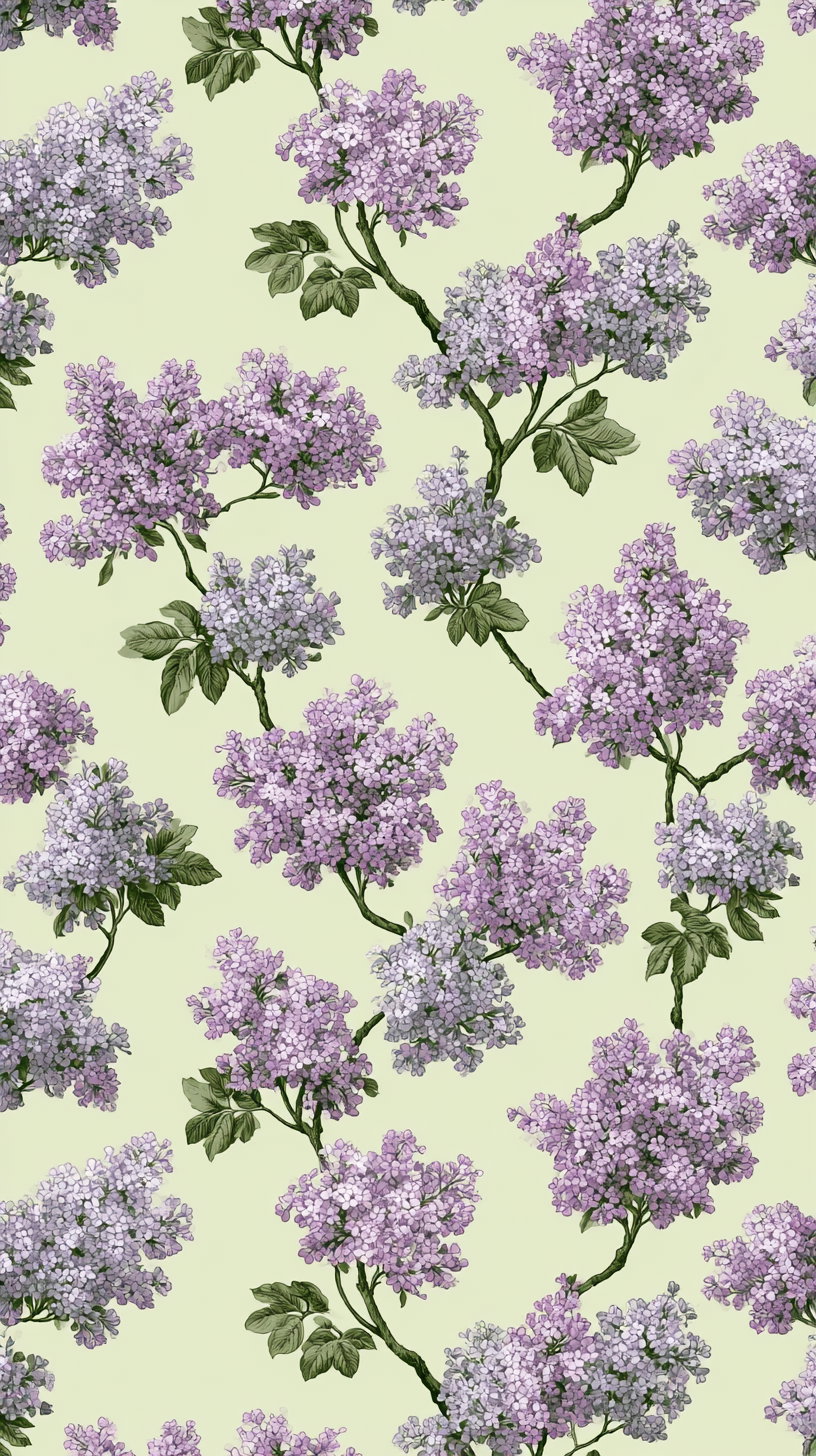 Repeating pattern of purple lilac flower clusters with green leaves and brown stems on a pale green background