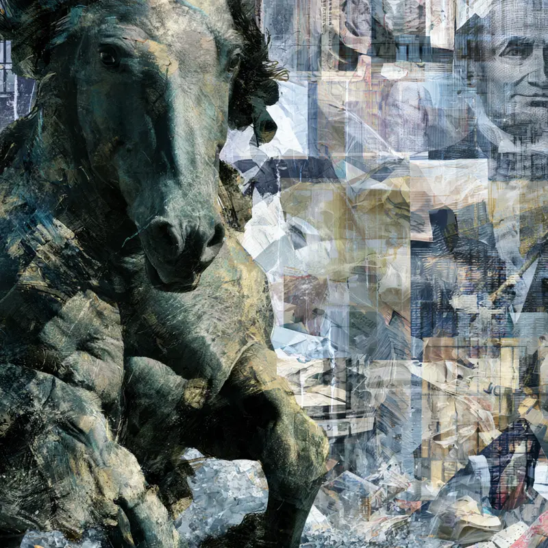 Mixed media artwork featuring a textured horse figure with layered collage