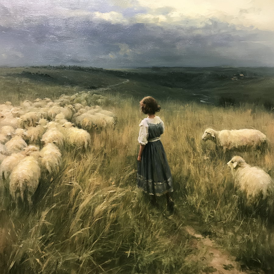 An oil painting depicting a girl in a blue dress standing in a grassy field with a flock of sheep under a cloudy sky