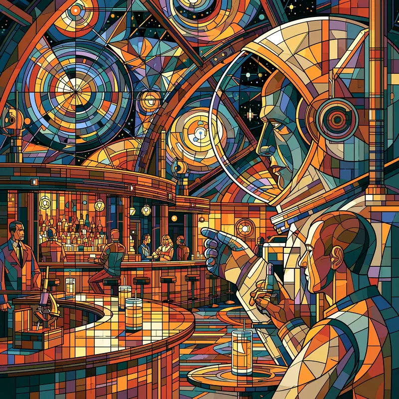 Abstract stained glass style painting of a futuristic space bar scene