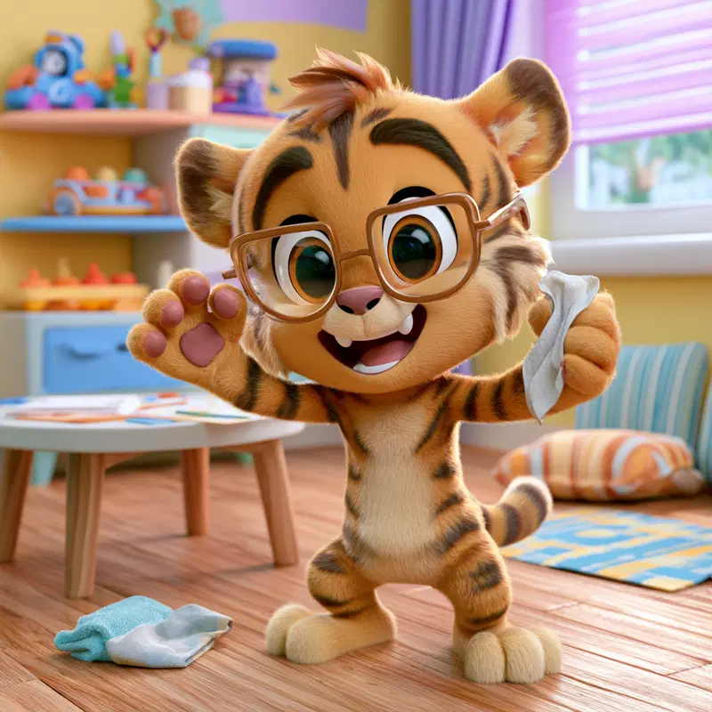 Cute cartoon tiger cub character in glasses waving inside a colorful room