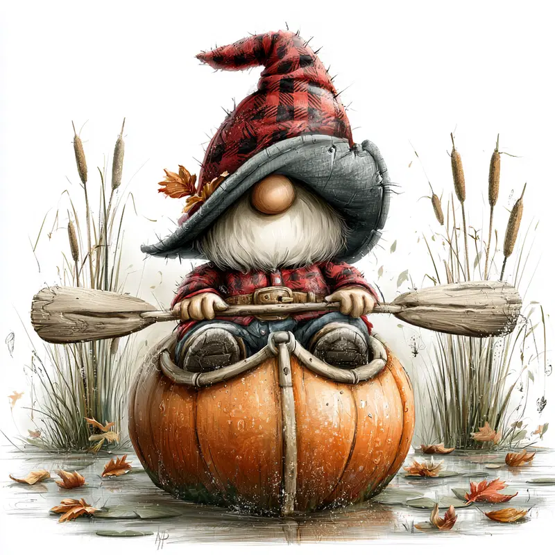 Whimsical autumn gnome paddling in a pumpkin boat on a pond