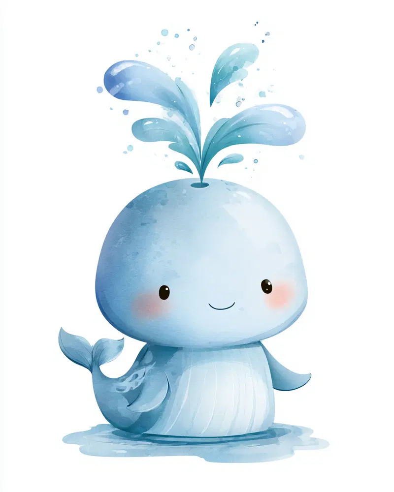 Cute blue whale cartoon character with water splash in watercolor style