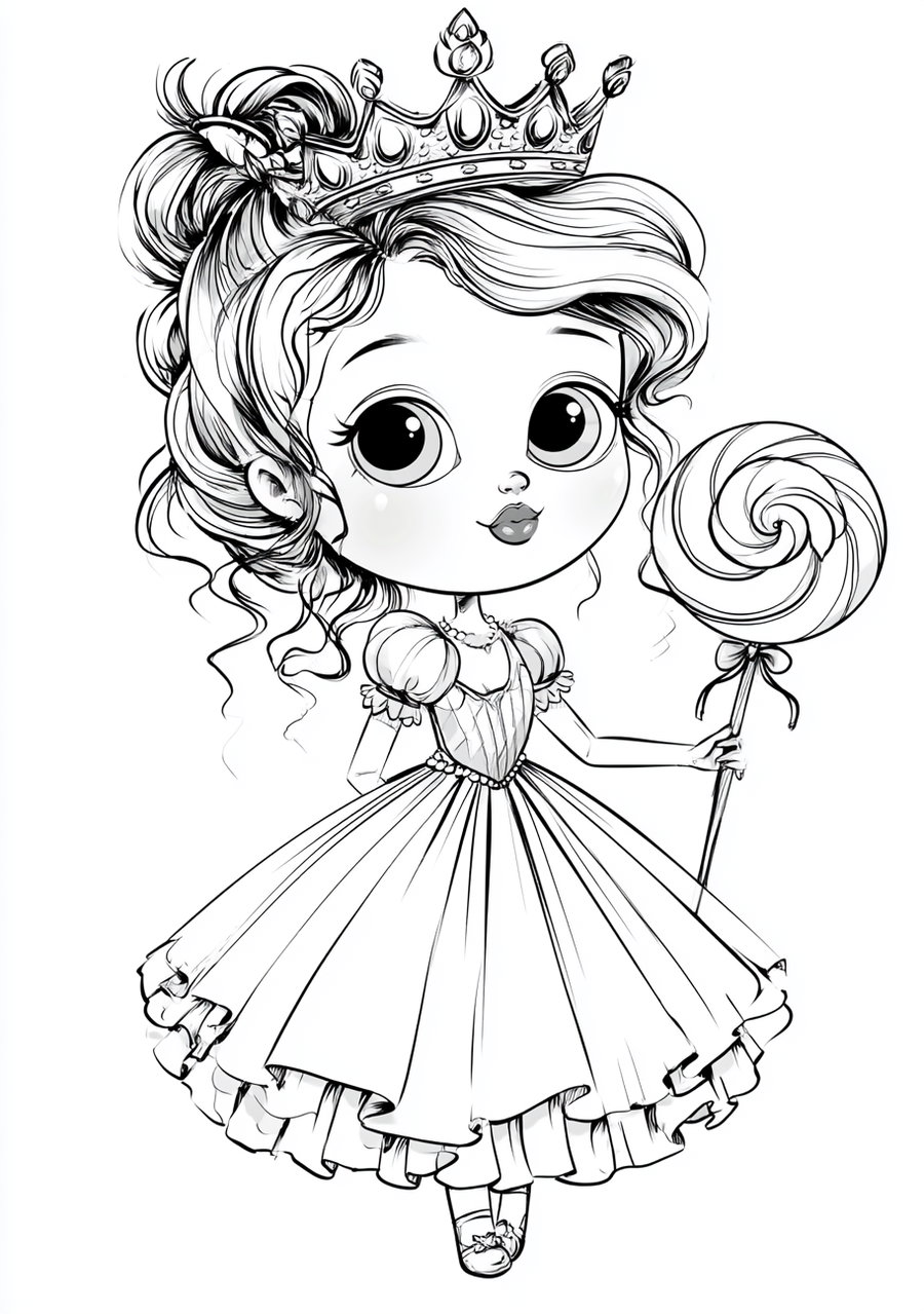 A detailed black and white drawing of a young princess with large eyes, a flowing dress, a crown, and holding a large swirled lollipop