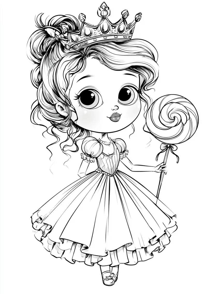 Black and white illustration of a cute princess girl holding a lollipop
