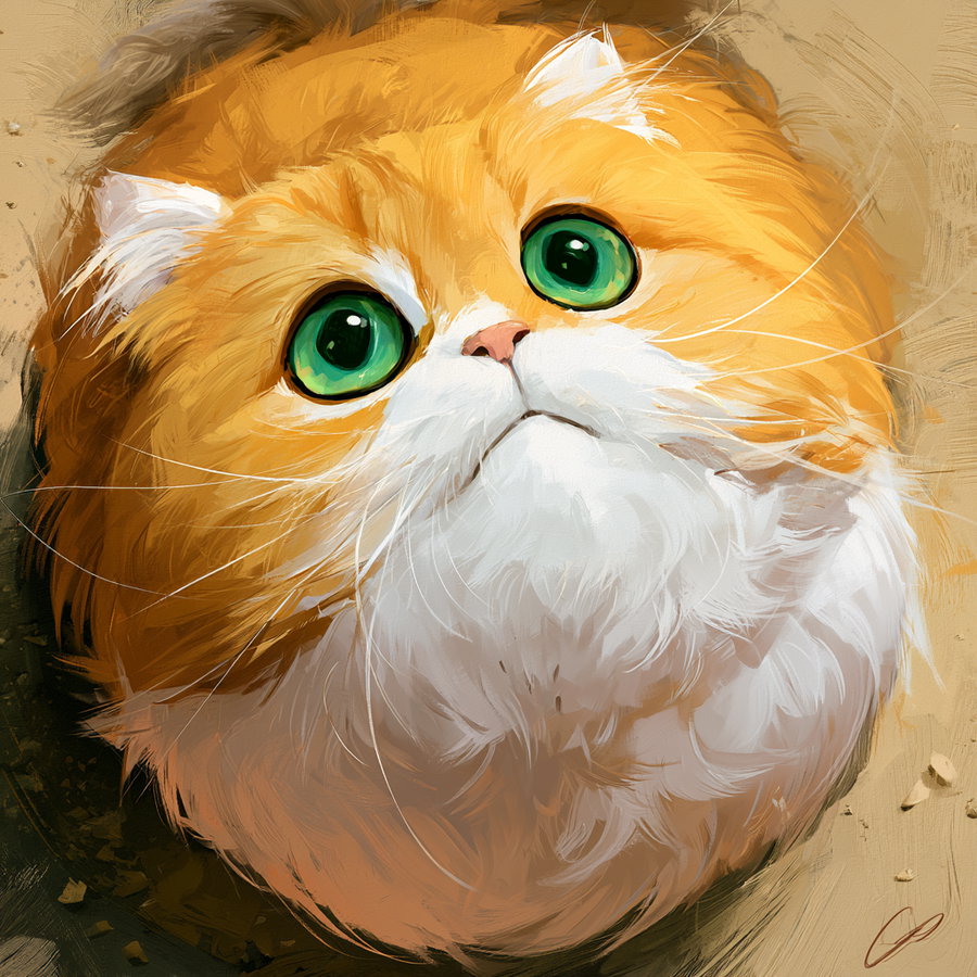 A close-up painted portrait of a fluffy orange and white cat with large green eyes looking upwards, with textured brushstrokes and a warm beige background