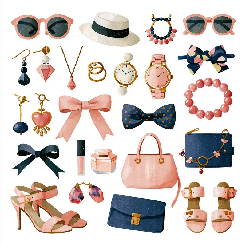 Watercolor illustrations of various fashion accessories including bags, shoes, and jewelry