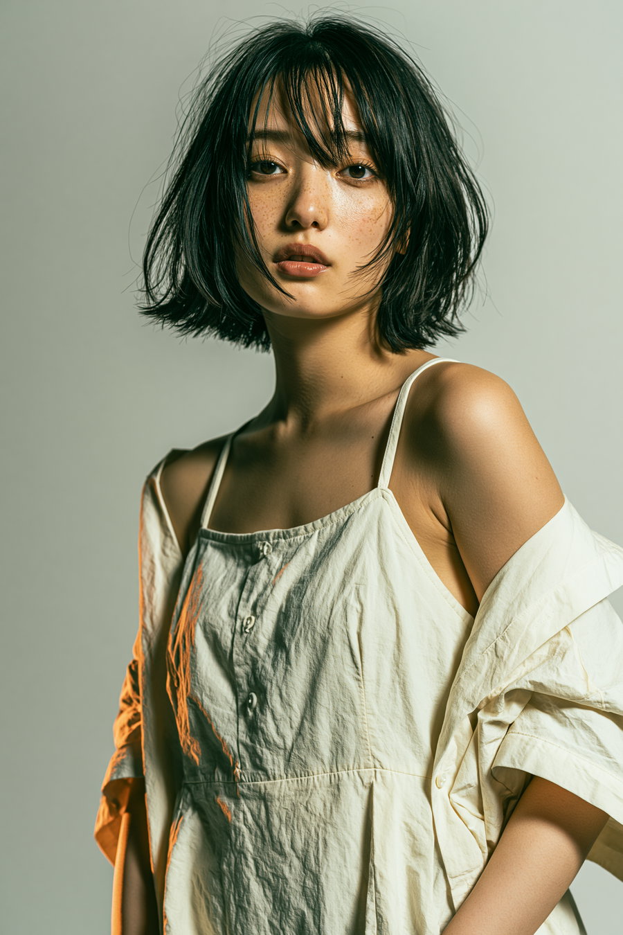 A young woman with short black hair and natural freckles wearing a light cream-colored dress with a loose jacket draped over her shoulders against a plain background