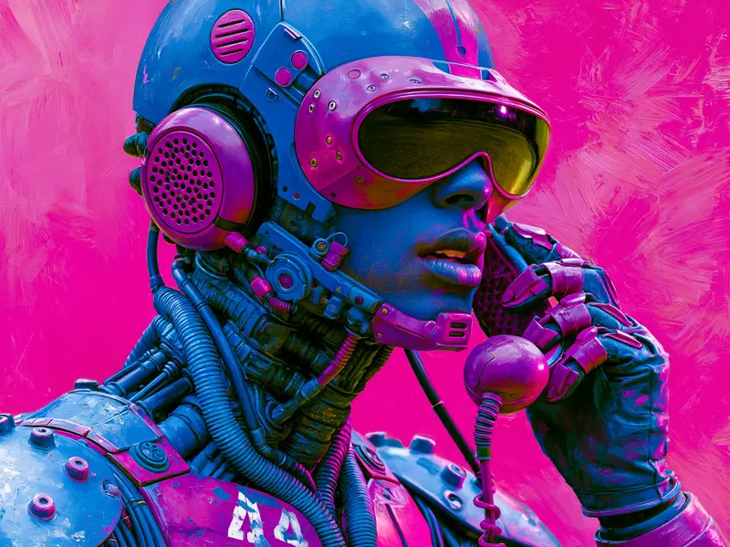 Futuristic cybernetic humanoid with detailed mechanical components and vivid pink background