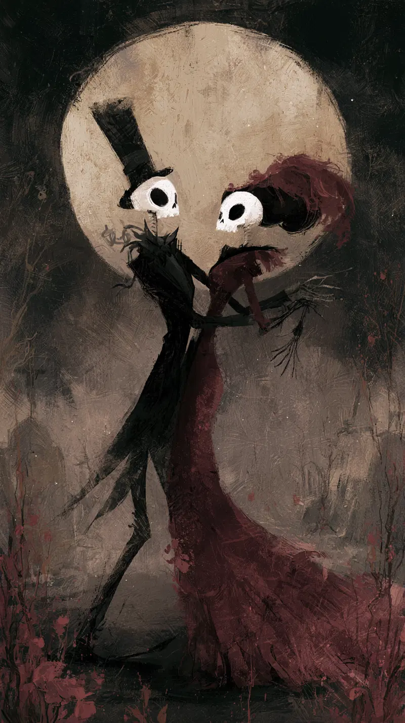 Dark gothic digital painting of skeletal couple dancing under full moon