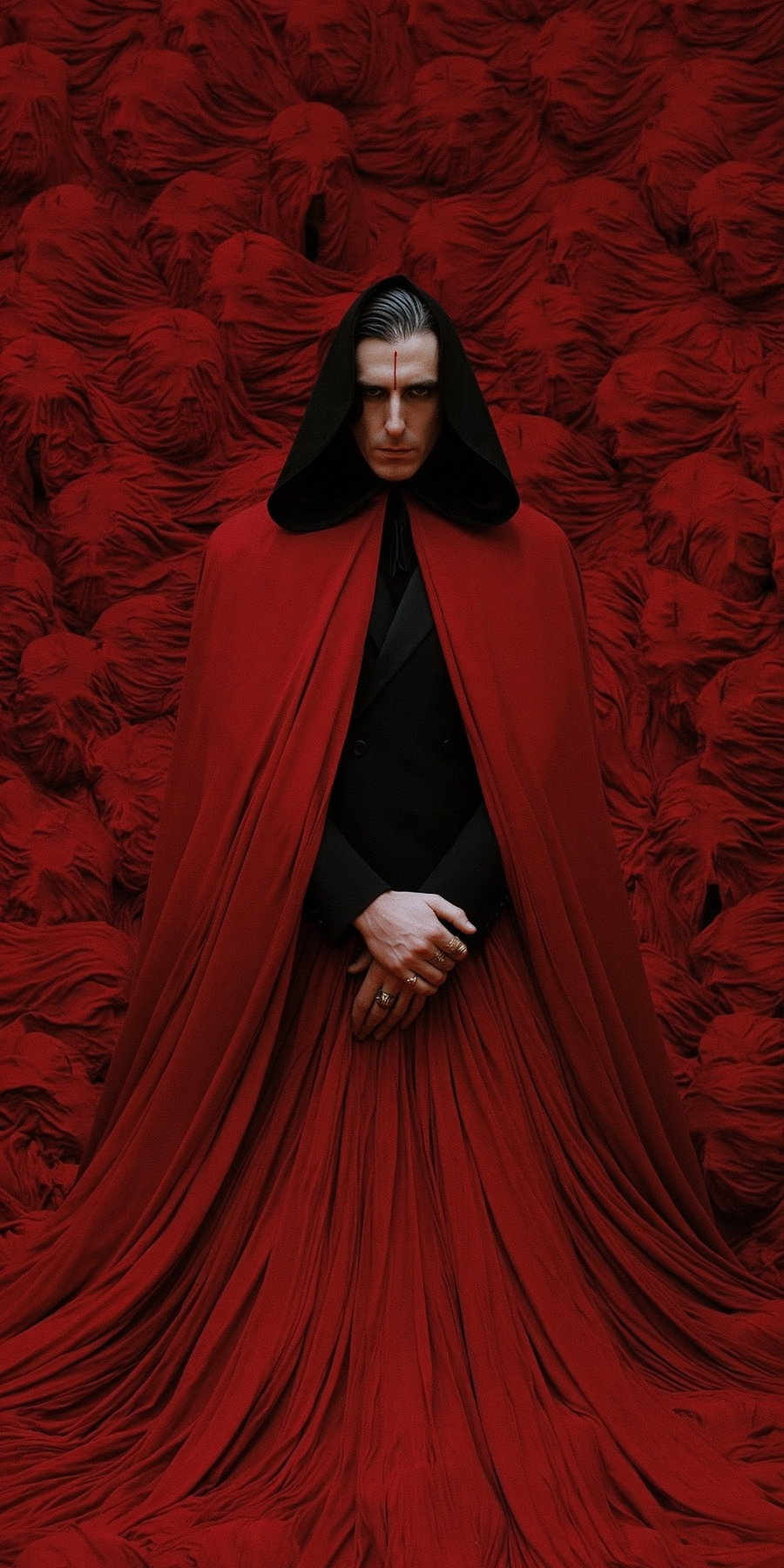 A man with a serious expression wearing a black hood and red cloak with long red fabric flowing down, standing against a red textured wall with fabric shaped like distorted faces.