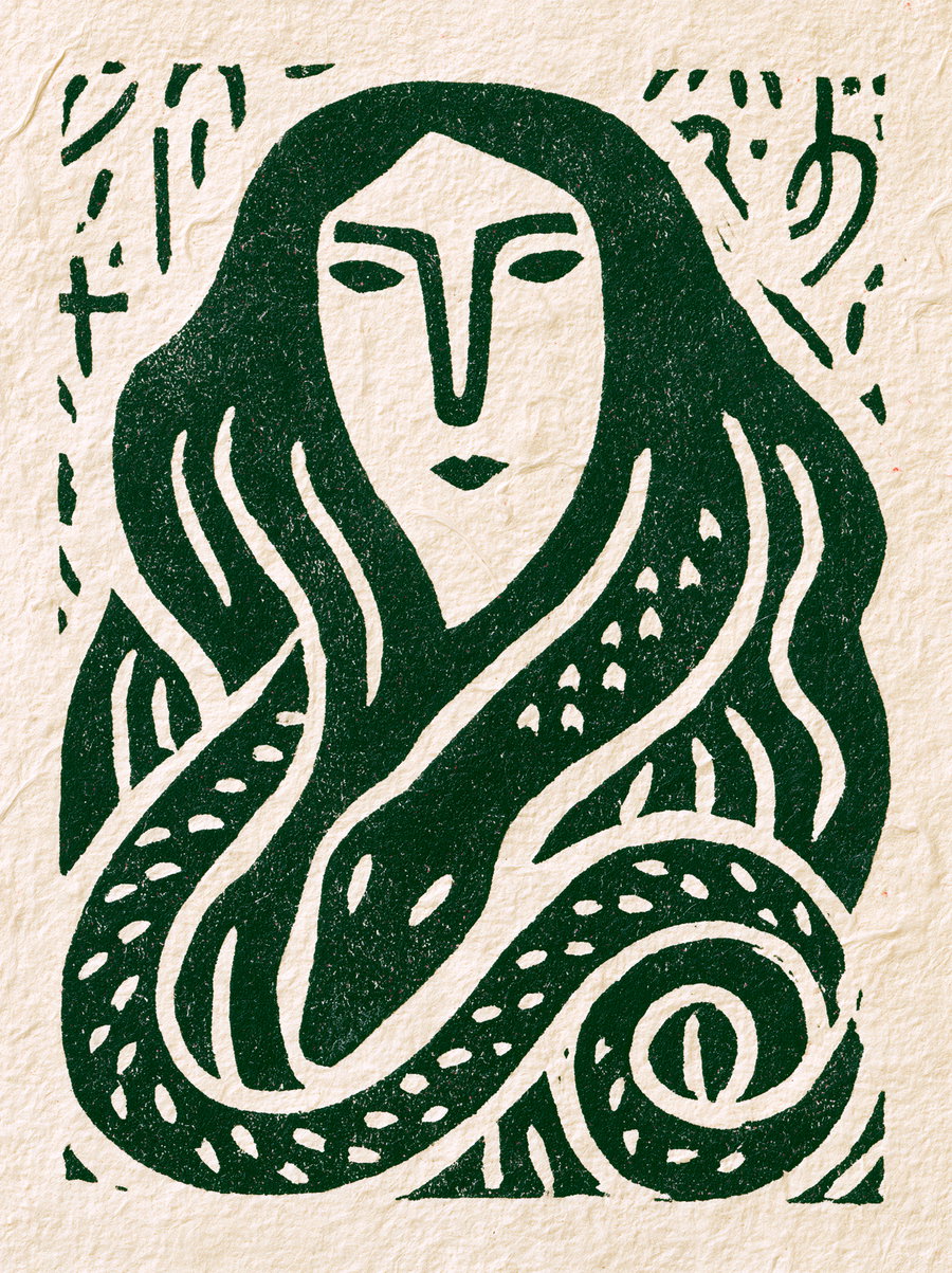 A printmaking image of a woman with long hair and a serpent coiled around her, created in a dark green ink on light textured paper.